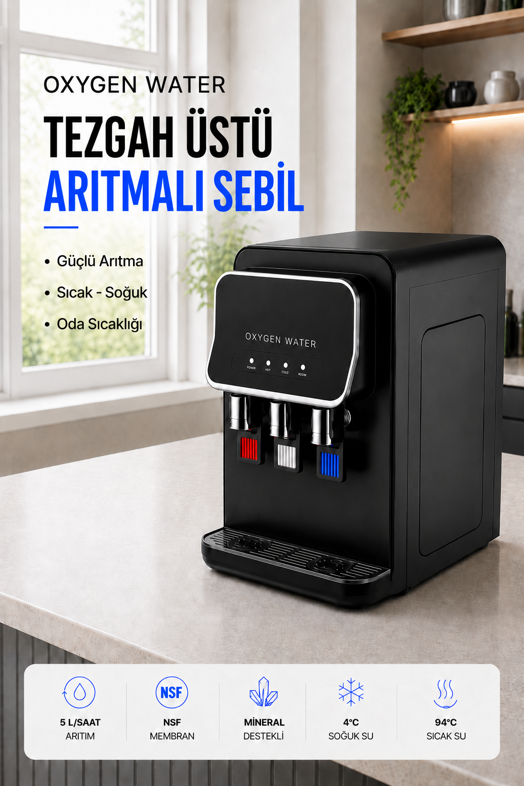 Arıtmalı Su Sebili - Tezgah Üstü 3 Musluklu Sıcak Soğuk ve Normal Su Çıkışlı Arıtmalı Siyah Su Sebili 