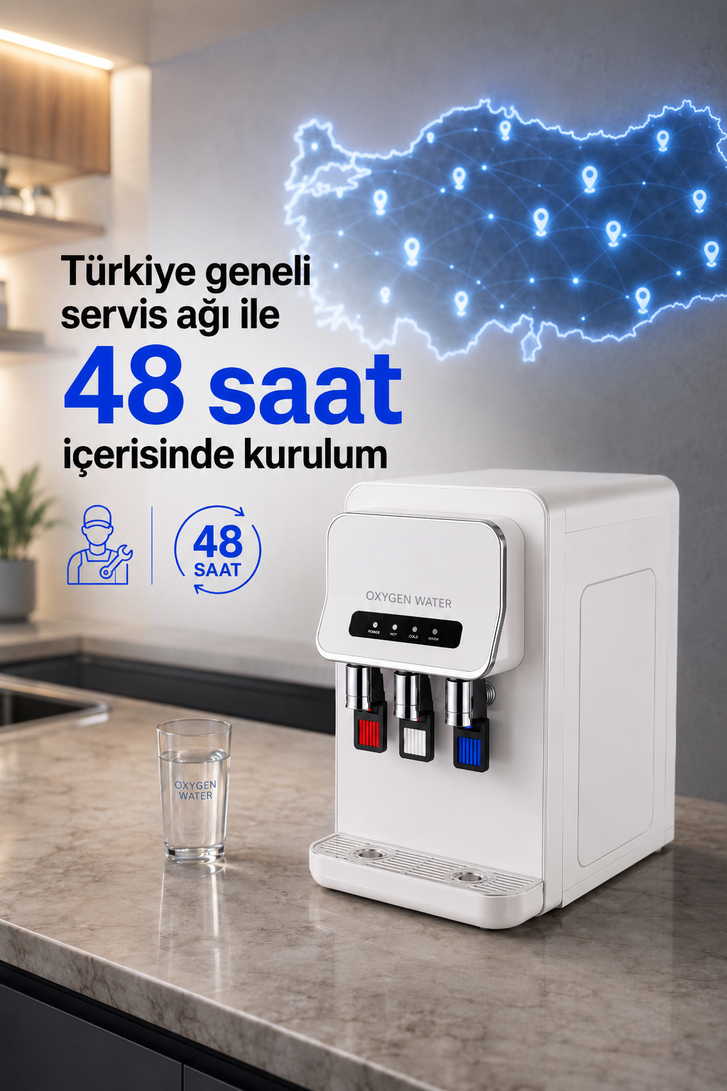 Arıtmalı Su Sebili - Tezgah Üstü 3 Musluklu Sıcak Soğuk ve Normal Su Çıkışlı Arıtmalı Su Sebili