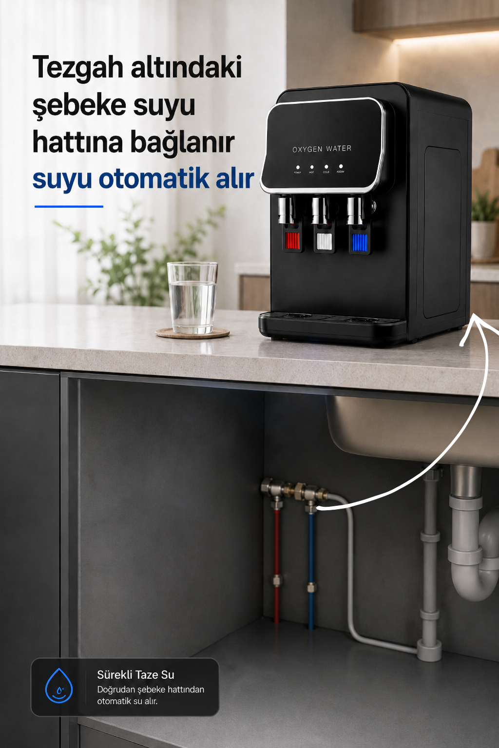 Arıtmalı Su Sebili - Tezgah Üstü 3 Musluklu Sıcak Soğuk ve Normal Su Çıkışlı Arıtmalı Siyah Su Sebili 
