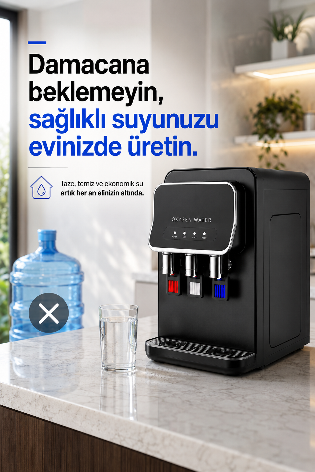Arıtmalı Su Sebili - Tezgah Üstü 3 Musluklu Sıcak Soğuk ve Normal Su Çıkışlı Arıtmalı Siyah Su Sebili 
