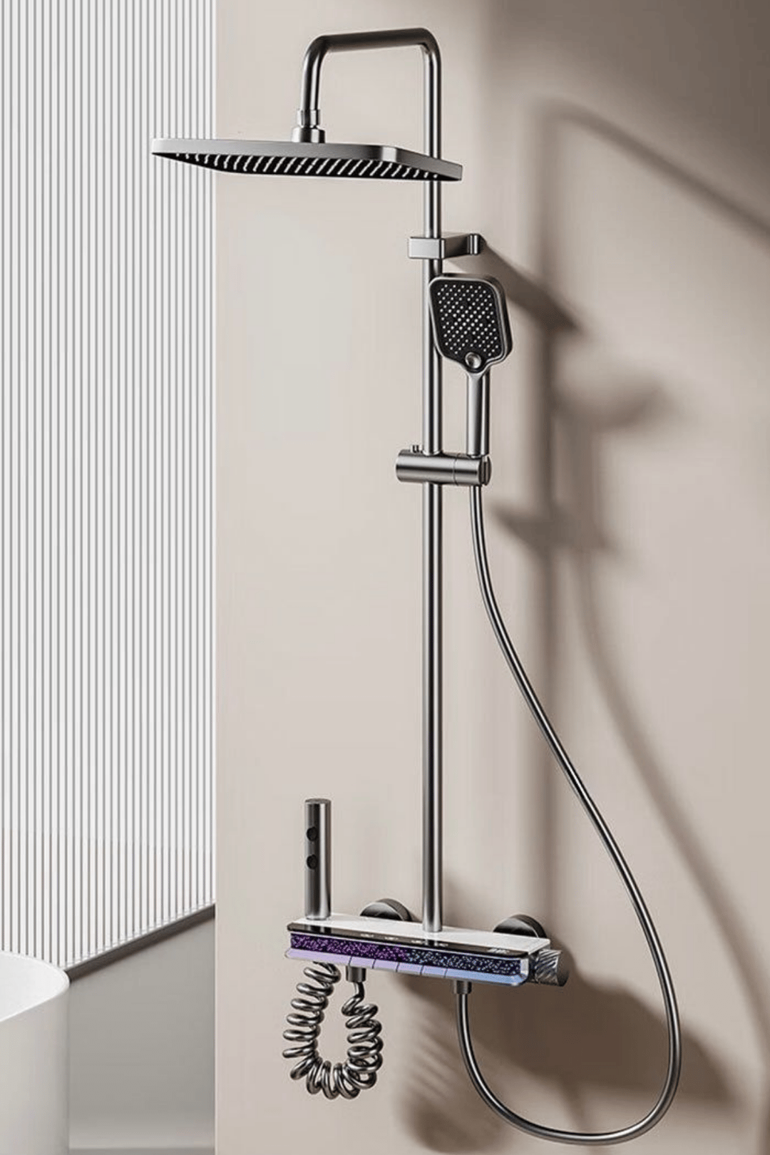 Aura-Dijital Led Göstergeli Piyano Tuşlu Termostatik Banyo Batarya Duş Sistemi Tepe Duş Seti