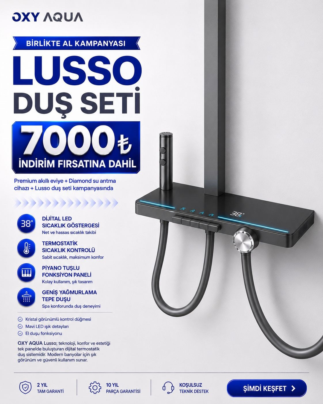 OXY AQUA Premium Akıllı Eviye Lusso Duş Seti Diamond Su Arıtma Cihazı Birlikte