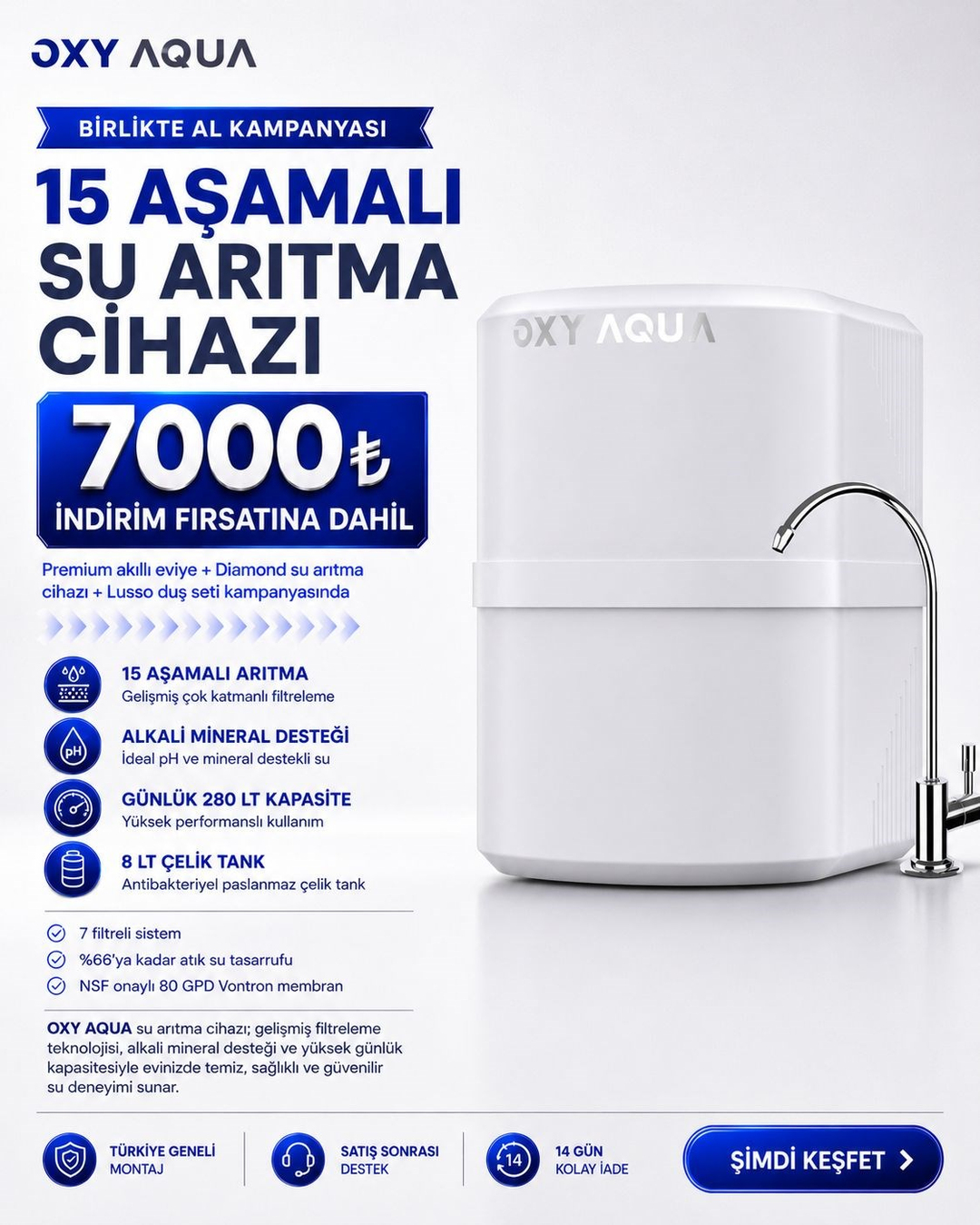 OXY AQUA Premium Akıllı Eviye Lusso Duş Seti Diamond Su Arıtma Cihazı Birlikte