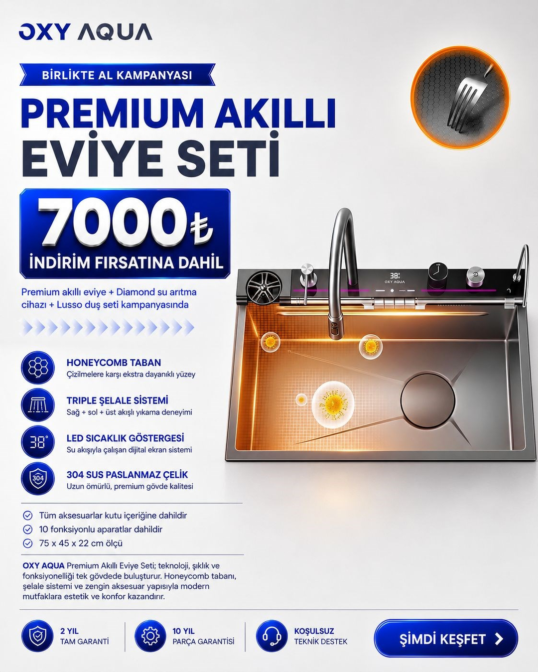 OXY AQUA Premium Akıllı Eviye Lusso Duş Seti Diamond Su Arıtma Cihazı Birlikte