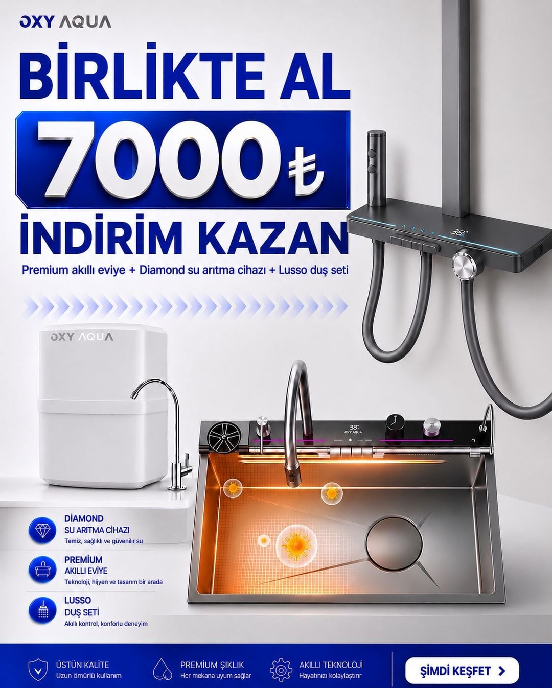 OXY AQUA Premium Akıllı Eviye Lusso Duş Seti Diamond Su Arıtma Cihazı Birlikte