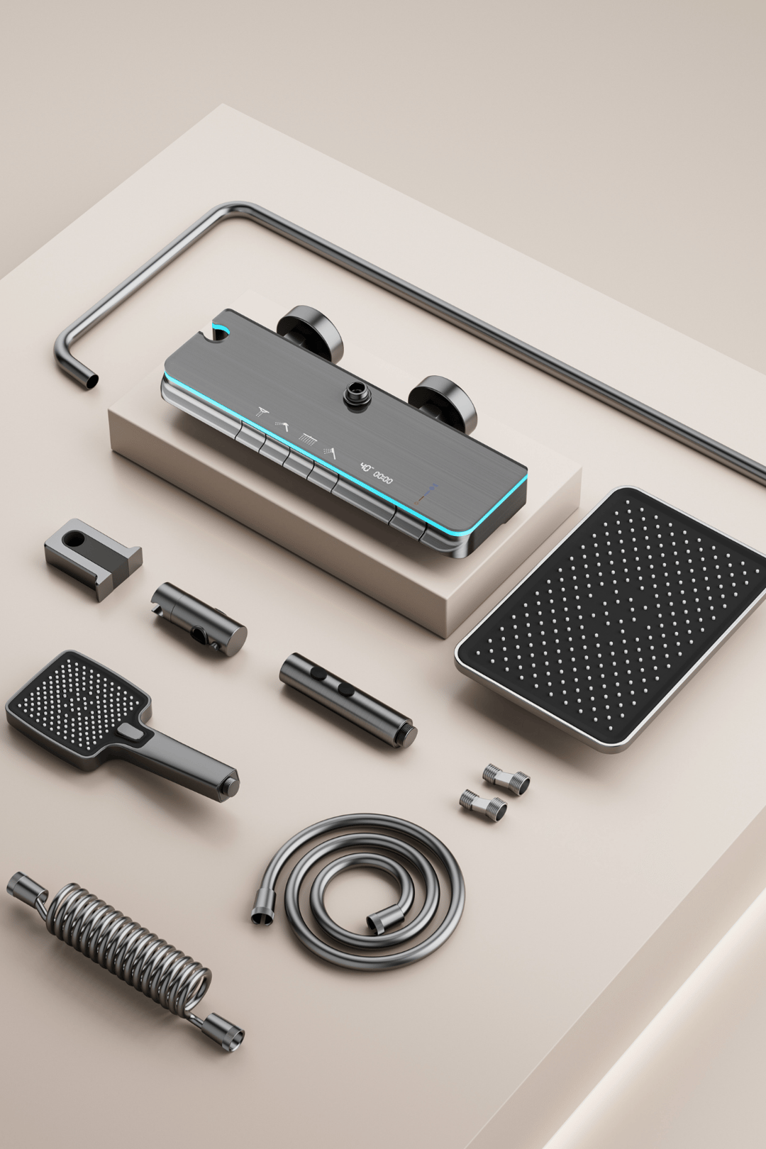 OXY AQUA - Rain Dijital LED Göstergeli Piyano Tuşlu Termostatik Banyo Batarya Duş Sistemi Tepe Robot Duş Seti