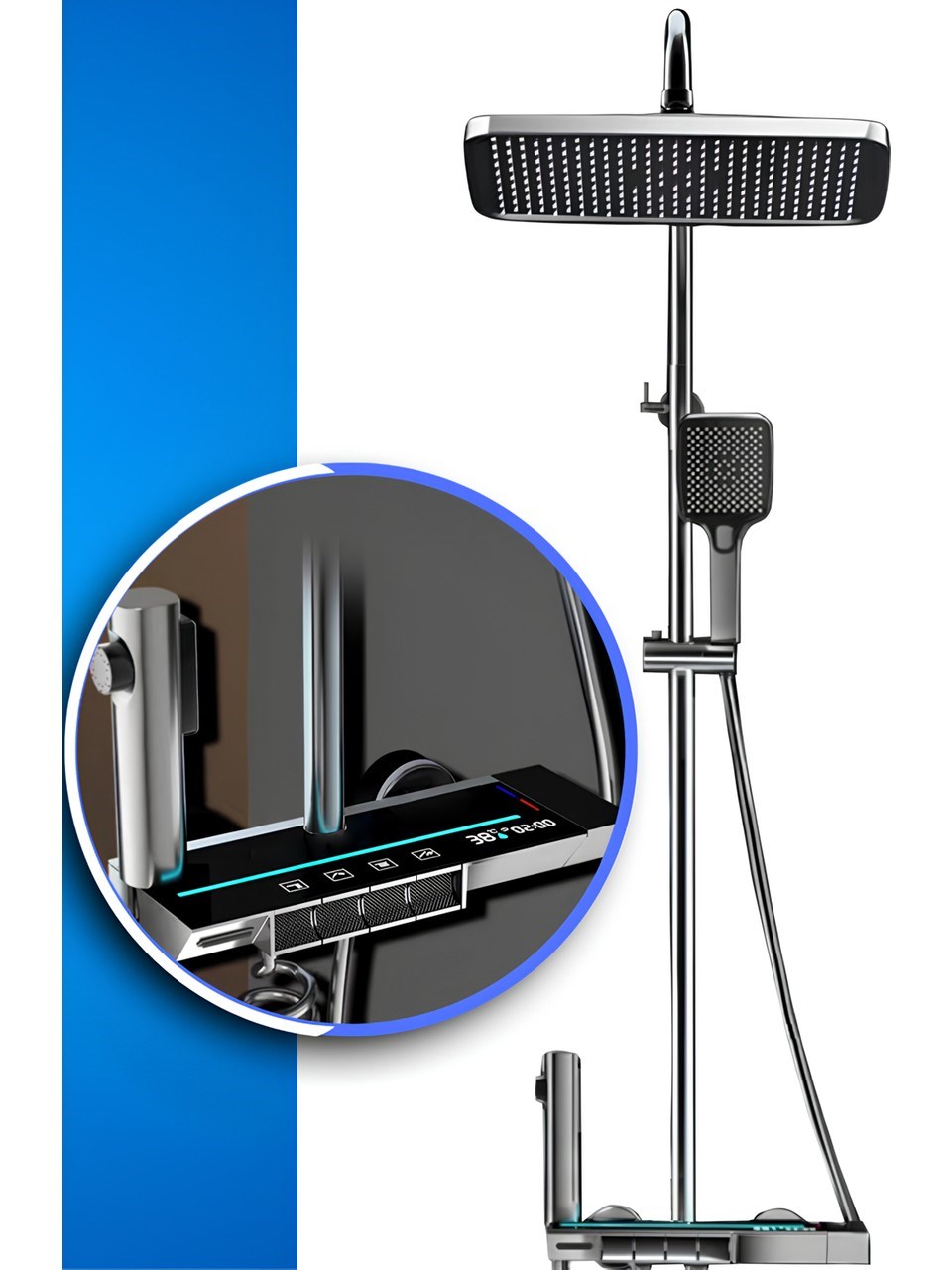 Piano Antrasit Renkli 5 Fonksiyonlu Kendinden Banyo Bataryalı Dijital Akıllı Robot Duş Seti
