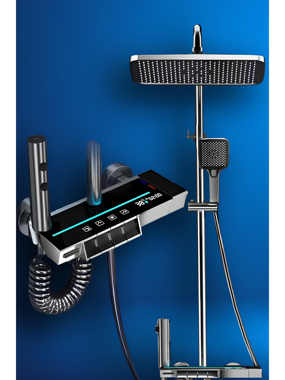 Piano Antrasit Renkli 5 Fonksiyonlu Kendinden Banyo Bataryalı Dijital Akıllı Robot Duş Seti