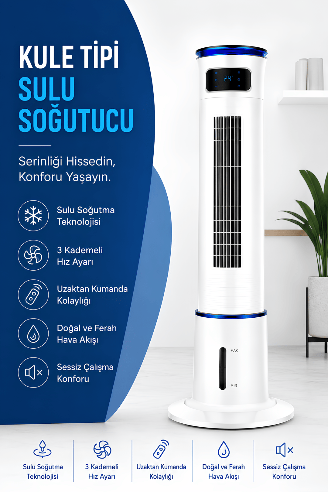 Storm Kule Tipi Sulu Soğutucu Uzaktan Kumandalı Zaman Ayarlı Soğutucu