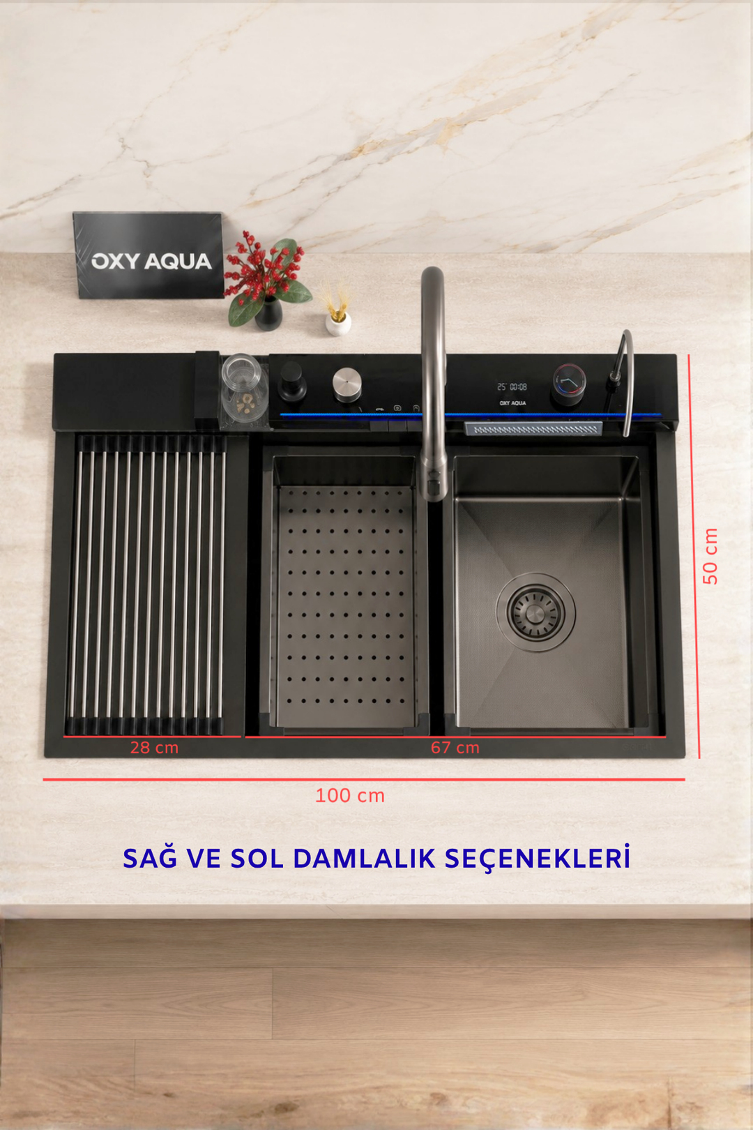 Vega 100x50 cm Sağ ve Sol Damlalıklı Akıllı Teknolojik Eviye Seti Paslanmaz Bal Peteği Taban Akıllı Evye
