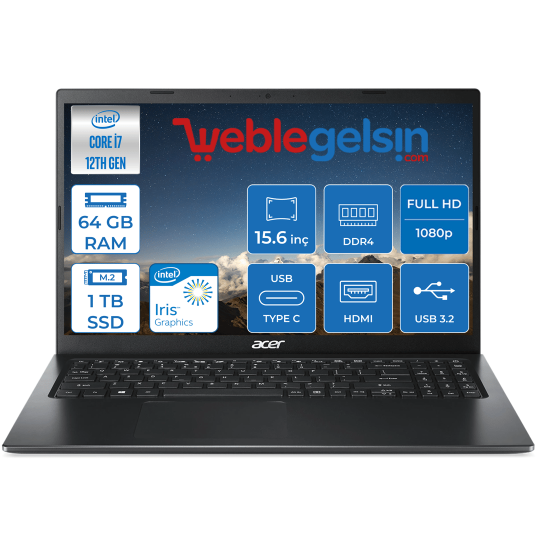 Acer EX215-55  Intel Core i7 1255U 64GB 1TB SSD Intel® Iris® Xe Graphics 15.6 inç Fhd Freedos Taşınabilir Bilgisayar NXEGYEY00408