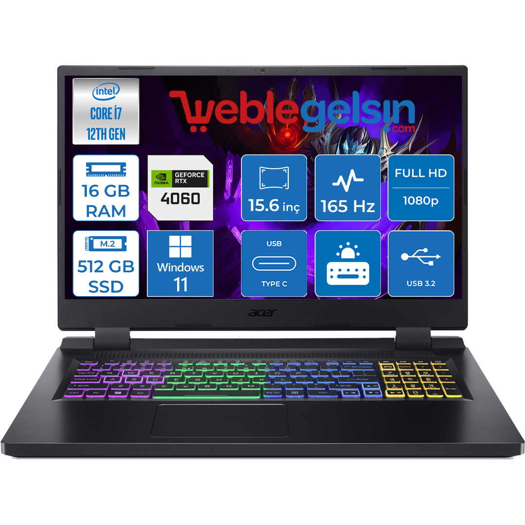 Acer Nitro 5 AN515-58-79XA Intel Core i7 12700H 16GB 512GB SSD DDR5 8GB RTX4060 15.6