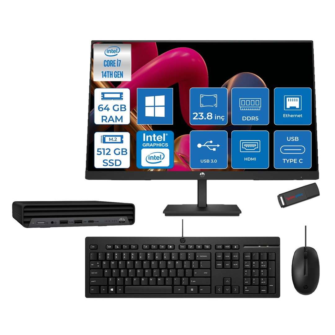 HPAll in One PCHp Pro Mini 400 G9 Intel Core İ7-14700T 64GB DDR5 512GB SSD Windows 11 Home 23.8 Fhd Monitör Mini Masaüstü Bilgisayar W9H6W3ET52