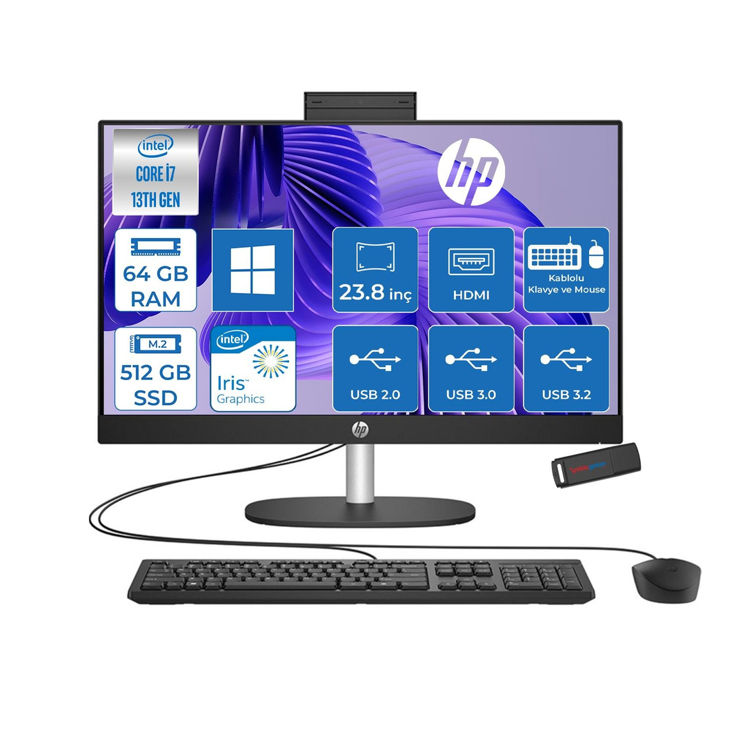 HPAll in One PCHp Proone 240 G10 Intel Core I7 1355U 64GB 512GB SSD 23.8 Fhd IPS Windows 11 Home All In One Bilgisayar 88T2W7ESW22