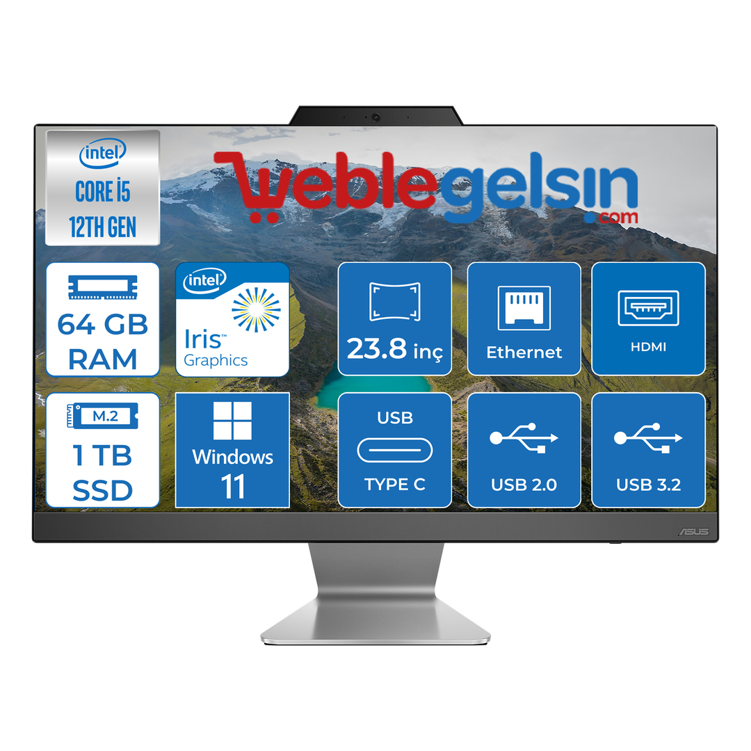 Asus A3402WBAK-WSI58512 Intel Core i5 1235U 64GB 1TB SSD Fhd 23.8 Windows 11 Home All-In-One Masaüstü Bilgisayar WSI58512H11
