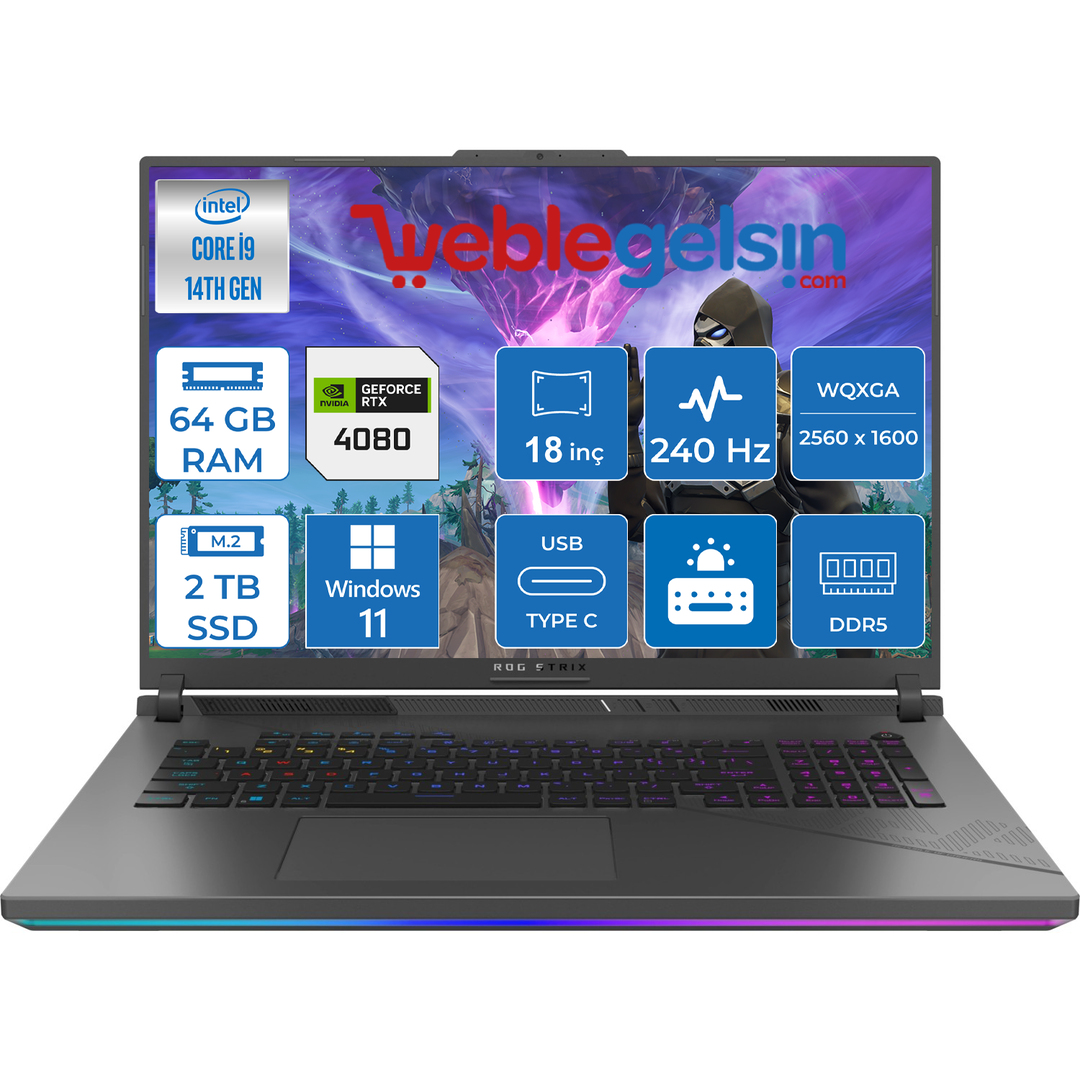Asus Rog Strix G18 Intel Core I9 14900HX 64GB DDR5 2TB SSD RTX4080-175W 240HZ Windows 11 Pro 18 inç Qhd+ Taşınabilir Bilgisayar G814JZR-N609243