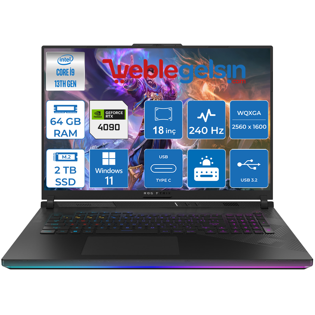 Asus Rog Strix Scar 18 13. Nesil Intel I9-13980HX 64GB DDR5 2TB Ssd+2TB SSD 16GB RTX4090 175W 18 Inç Qhd+ 240Hz 3ms Windows 11 Pro Taşınabilir Bilgisayar G834JY-N604024