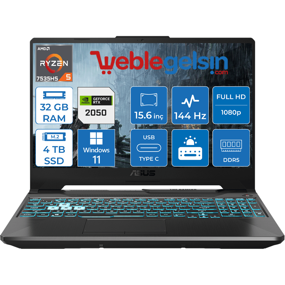 Asus Tuf Gamıng A15 Amd Ryzen 5 7535HS 32GB DDR5 4TB SSD RTX2050 144Hz Windows 11 Pro 15.6 inç Fhd Taşınabilir Bilgisayar FA506NF-HN05040