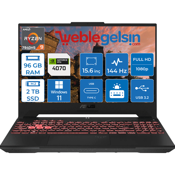 Asus Tuf Gaming A15 Amd Ryzen 9 7940HS 96GB DDR5 2TB SSD 8GB RTX4070 140W 15,6 Inç 144Hz IPS Fhd Windows 11 Pro Taşınabilir Bilgisayar FA507XI-LP04127