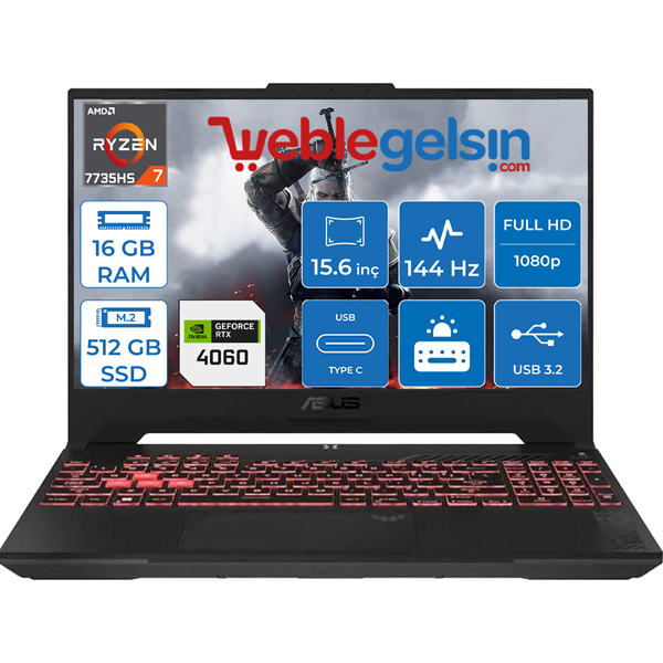 Asus Tuf Gamıng A15 FA507NV-LP037 Amd Ryzen 7 7735HS 16GB Ddr5 Ram 512GB SSD 8gb RTX4060 15.6inç Fhd IPS 144Hz Freedos Taşınabilir Bilgisayar FA507NV-LP03701