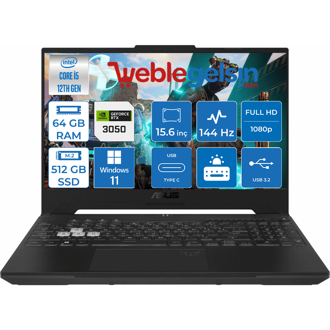 Asus TUF15 FX507ZC4-HN157 Intel Core I5 12500H 64GB 512GB SSD 4GB RTX3050 15.6 Inç 144Hz IPS Fhd Windows 11 Home Taşınabilir Bilgisayar FX507ZC4-HN15716
