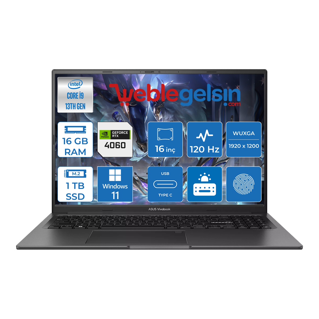 Asus Vivobook 16X 13.nesil Core I9 13900H 16GB Ram 1TB SSD 16 Inç Wqxga 120HZ 8GB/RTX4060 300NIT Windows 11 Pro Taşınabilir Bilgisayar WK3605VV-N1070W34