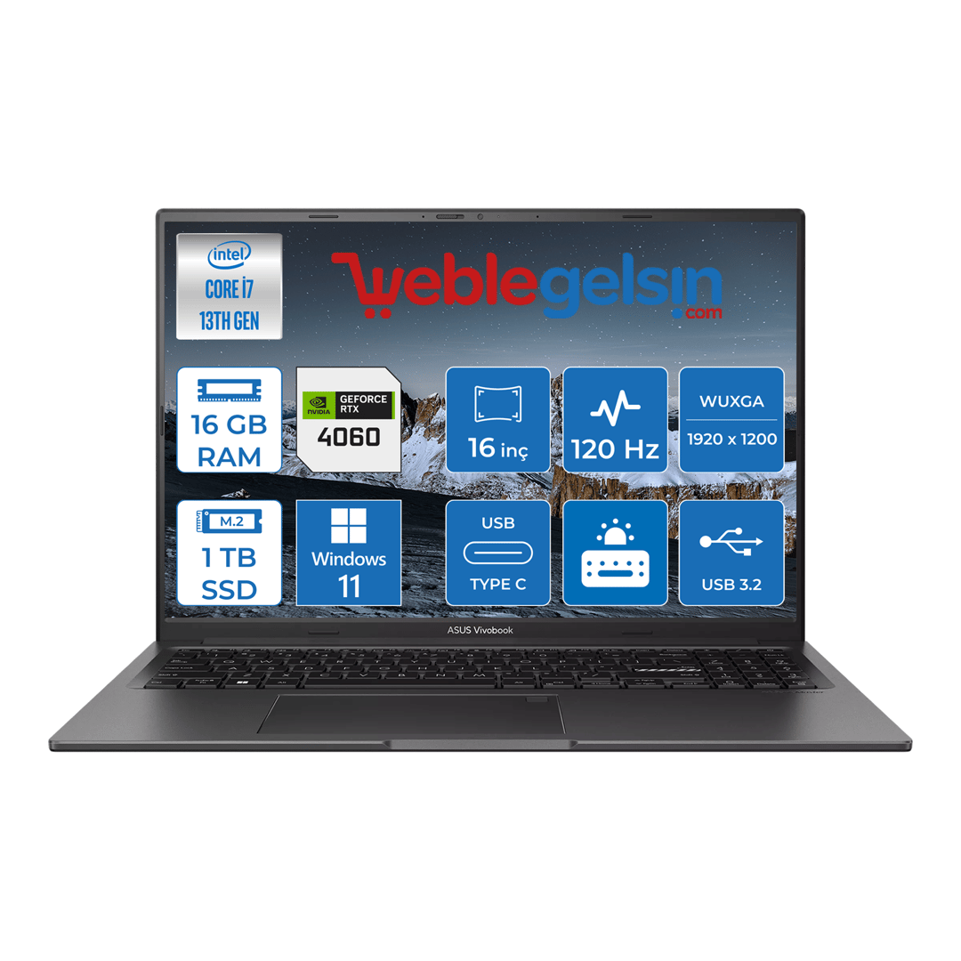 Asus Vivobook 16X 13.nesil Intel I7 13700H 16GB 1TB SSD 8GB RTX4060 16 Inç 120HZ Windows 11 Pro Wuxga Dizüstü Bilgisayar KK3605VV-N1060W27