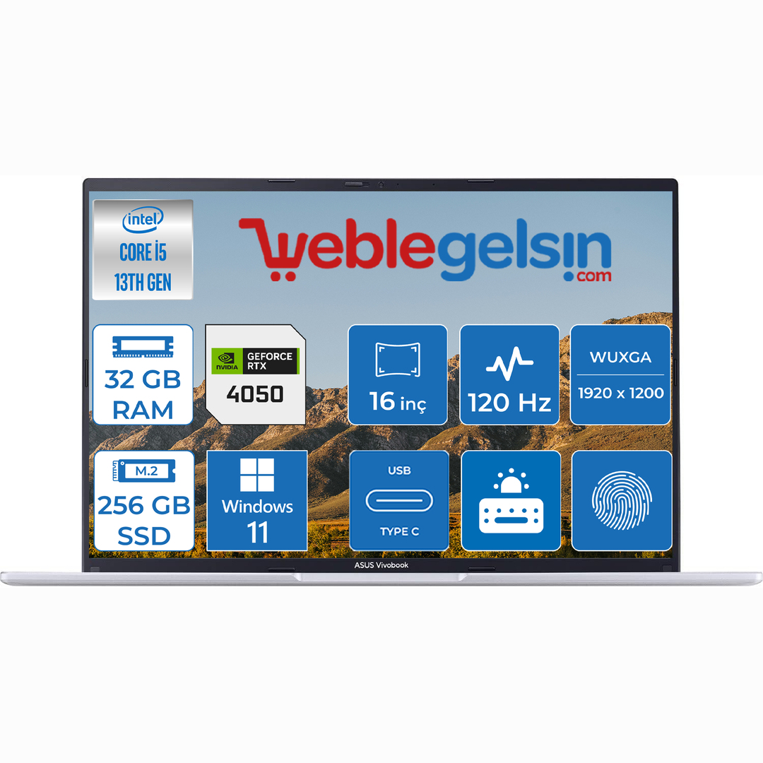 Asus Vivobook 16X 13.nesil Intel I5 13500H 32GB 256GB SSD 6GB RTX4050 16 Inç 120Hz Windows 11 pro Wuxga Dizüstü Bilgisayar K3605VU-N116629