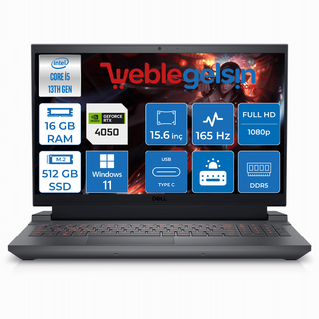 Dell G15 5530 Intel Core İ5 13450HX 16GB DDR5 512GB SSD 6GB RTX4050 15.6 inç 165Hz Fhd Windows 11 Pro Taşınabilir Bilgisayar G155530008U19