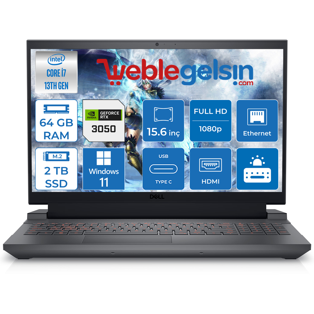 Dell G15 5530 Intel Core i7 13650HX 64GB DDR5 2TB SSD 6GB RTX3050 15.6 inç 120Hz Fhd Windows 11 Home Taşınabilir Bilgisayar G5530240100518