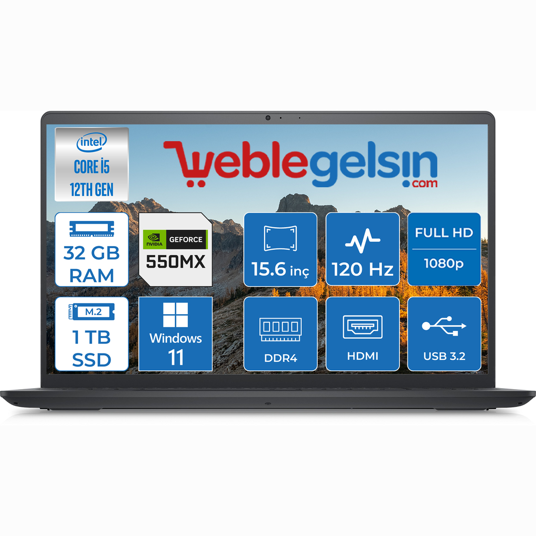 Dell INSPIRON15 3520 Intel Core i5 1235U 32GB 1TB SSD 15.6 inç MX550 Fhd 120Hz Windows 11 Home Taşınabilir Bilgisayar INS352060027