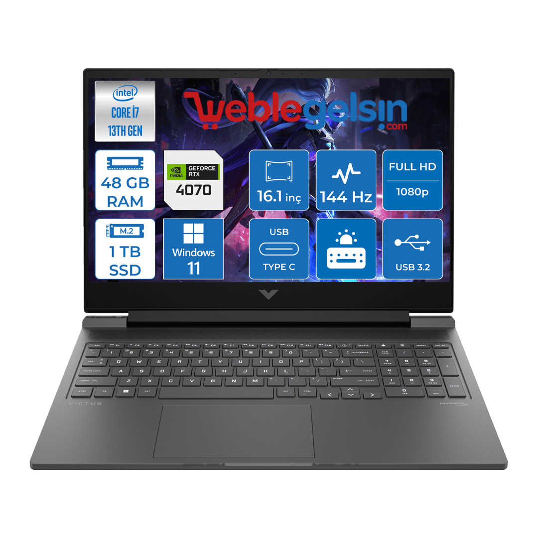 Hp Victus Gaming Laptop 16-R0071NT Intel I7 13700H 48GB DDR5 1TB SSD 8GB/RTX4070 Windows 11 Home 16.1