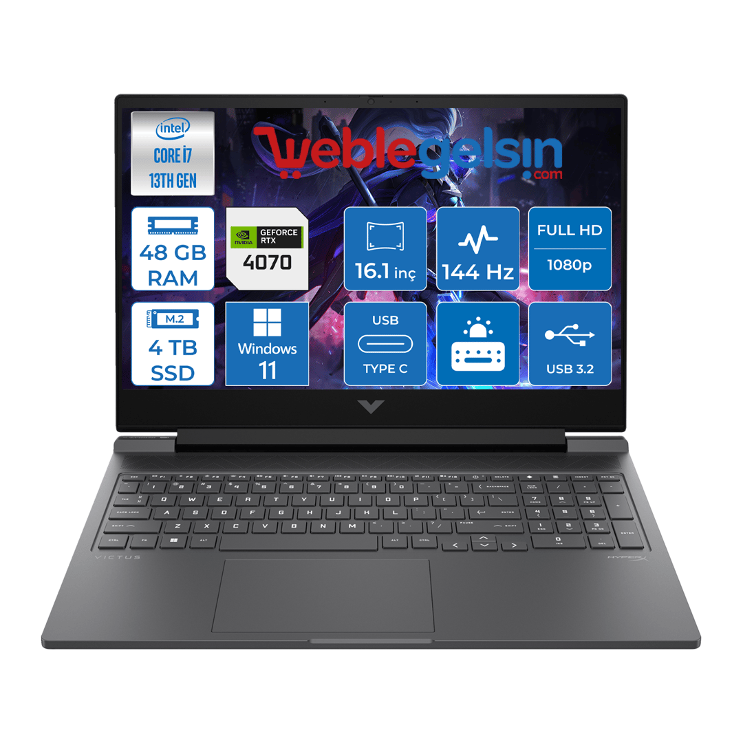 Hp Victus Gaming Laptop 16-R0071NT Intel I7 13700H 48GB DDR5 4TB SSD 8GB/RTX4070 Windows 11 Pro 16.1