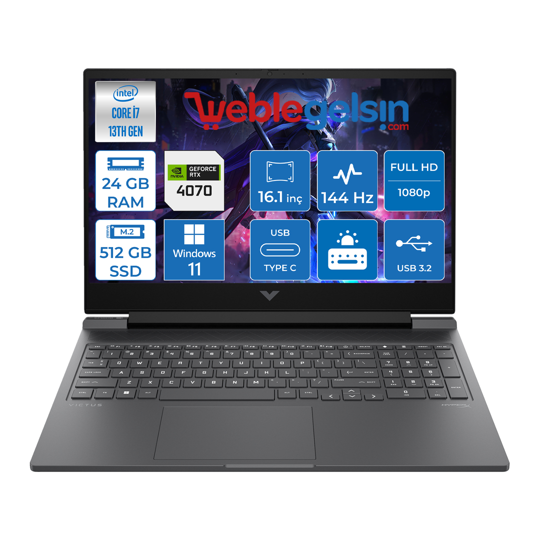 Hp Victus Gaming Laptop 16-R0071NT Intel I7 13700H 24GB DDR5 512GB SSD 8GB/RTX4070 Windows 11 Pro 16.1