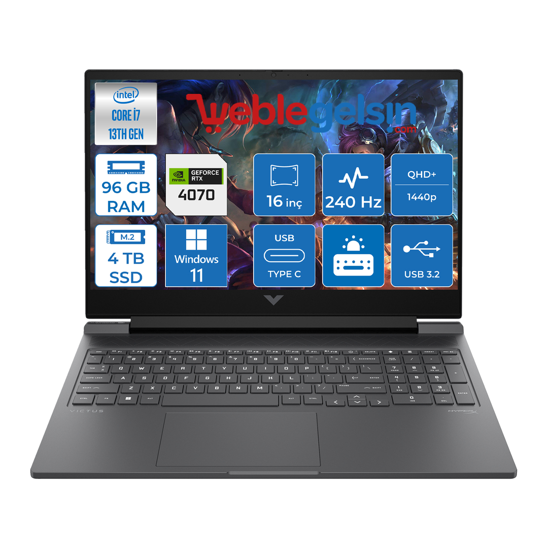 Hp Victus İntel Core i7 16-R0001NT 96GB DDR5 4TB SSD 8GB/RTX4070 Windows 11 Home 16.1
