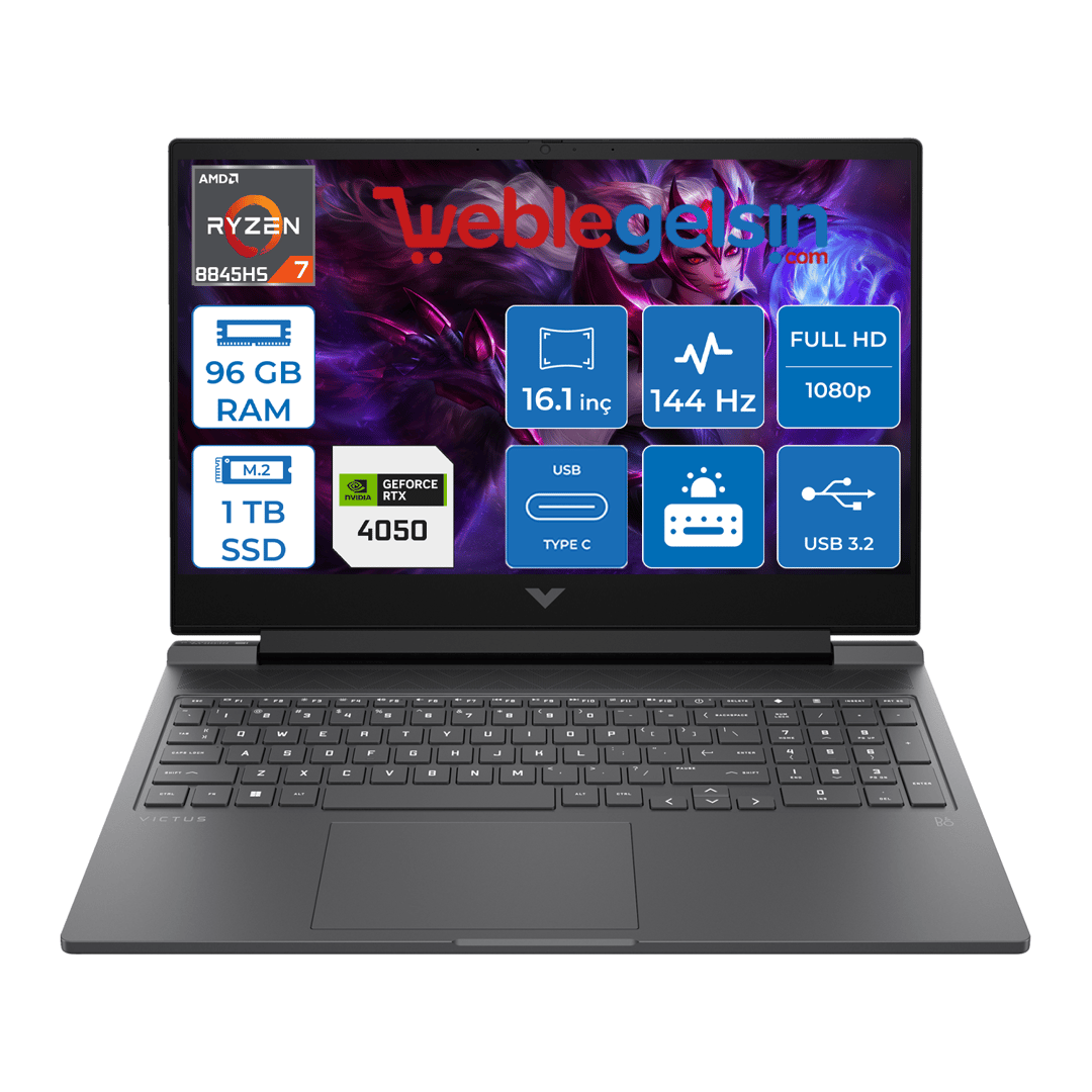 Hp Victus W16-S1026NT Amd Ryzen R7-8845HS 96GB Ddr5 1TB SSD 6GB/RTX4050 Freedos 16.1 inç 144 Hz Fhd IPS Taşınabilir Bilgisayar VİCTUS9Z796EA18