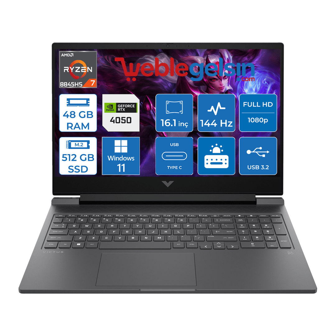Hp Victus W16-S1026NT Amd Ryzen R7-8845HS 48GB Ddr5 512GB SSD 6GB/RTX4050 Windows 11 Pro 16.1 inç 144 Hz Fhd IPS Taşınabilir Bilgisayar VİCTUS9Z796EAW11