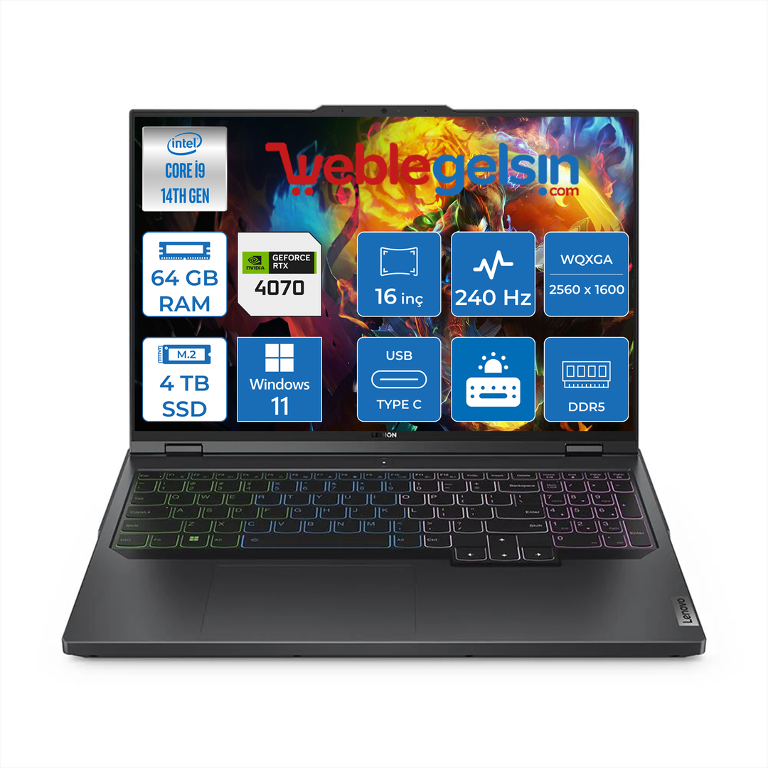Lenovo Legion 5 16IRX9 14.nesil Core I9 14900HX 64GB DDR5 4TB SSD 8GB/RTX4070 140W Windows 11 Pro 16