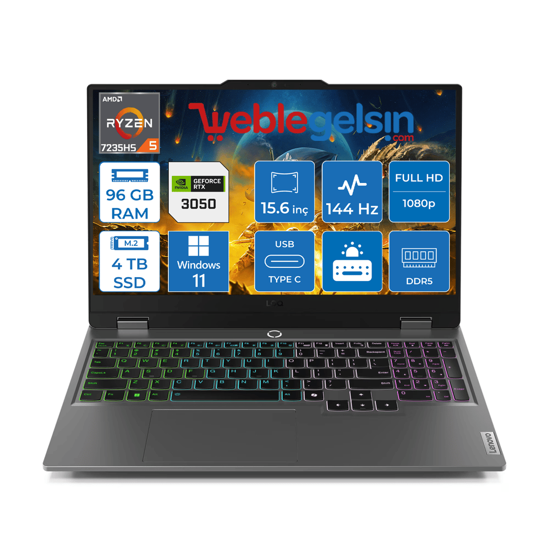 Lenovo Loq 15ARP9 Amd Ryzen 5 7235HS DDR5 96GB 4TB SSD RTX3050-6GB 300NITS 15.6