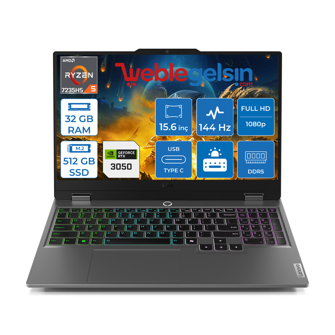 Lenovo Loq 15ARP9 Amd Ryzen 5 7235HS DDR5 32GB 512GB SSD RTX3050-6GB 300NITS 15.6