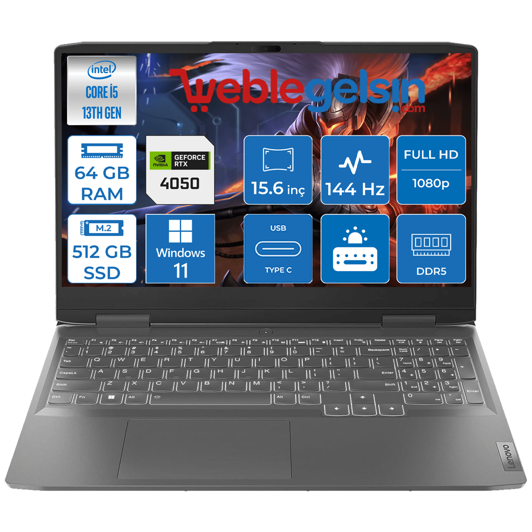 Lenovo Loq 15IRH8 Intel® Core™ i5-13420H 64GB 512GB SSD 6GB RTX4050 15.6 inç 144Hz IPS Fhd Windows 11 Pro Taşınabilir Bilgisayar LOQ82XV00G6TX25
