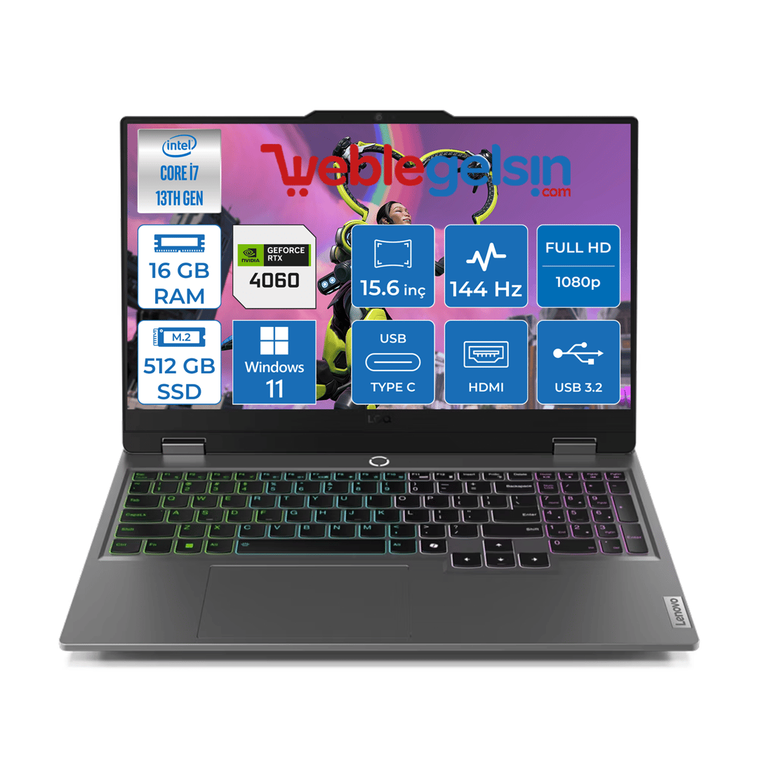 Lenovo Loq 15IRX9 Intel Core I7 13650HX Ddr5 16GB 512GB SSD RTX4060-8GB 300NITS 15.6 inç 144Hz Fhd Windows 11 Home Taşınabilir Bilgisayar 83DV00HNTRH01
