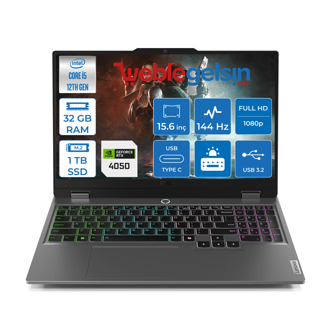 Lenovo Loq Intel Core I5 12450HX 32GB 1TB SSD RTX4050 6GB 105W Freedos 144HZ 300NİTS 15.6