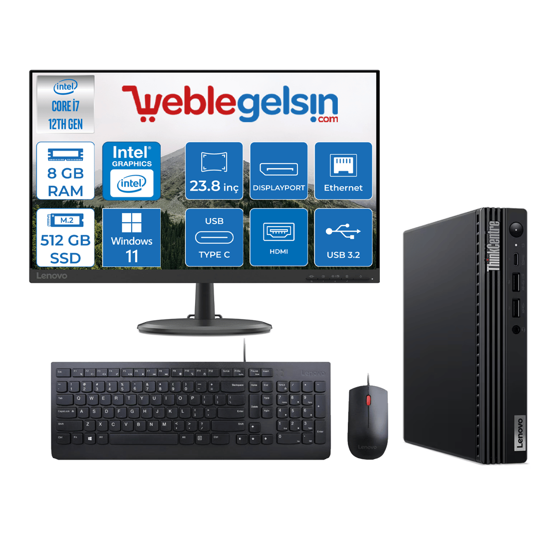 Lenovo thinkcentre M70Q Gen 3 Intel Core i7 12700T 8GB 512GB SSD Windows 11 Pro Fhd 23.8 Mon Mini Masaüstü Bilgisayar TİNY11T30036TXN34