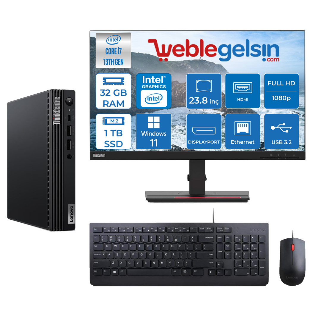 Lenovo Thinkcentre M70Q Gen 4 Intel Core I7-13700T 32GB 1TB SSD Windows 11 Pro 23.8 inç Masaüstü Bilgisayar 12E30015TRMP05