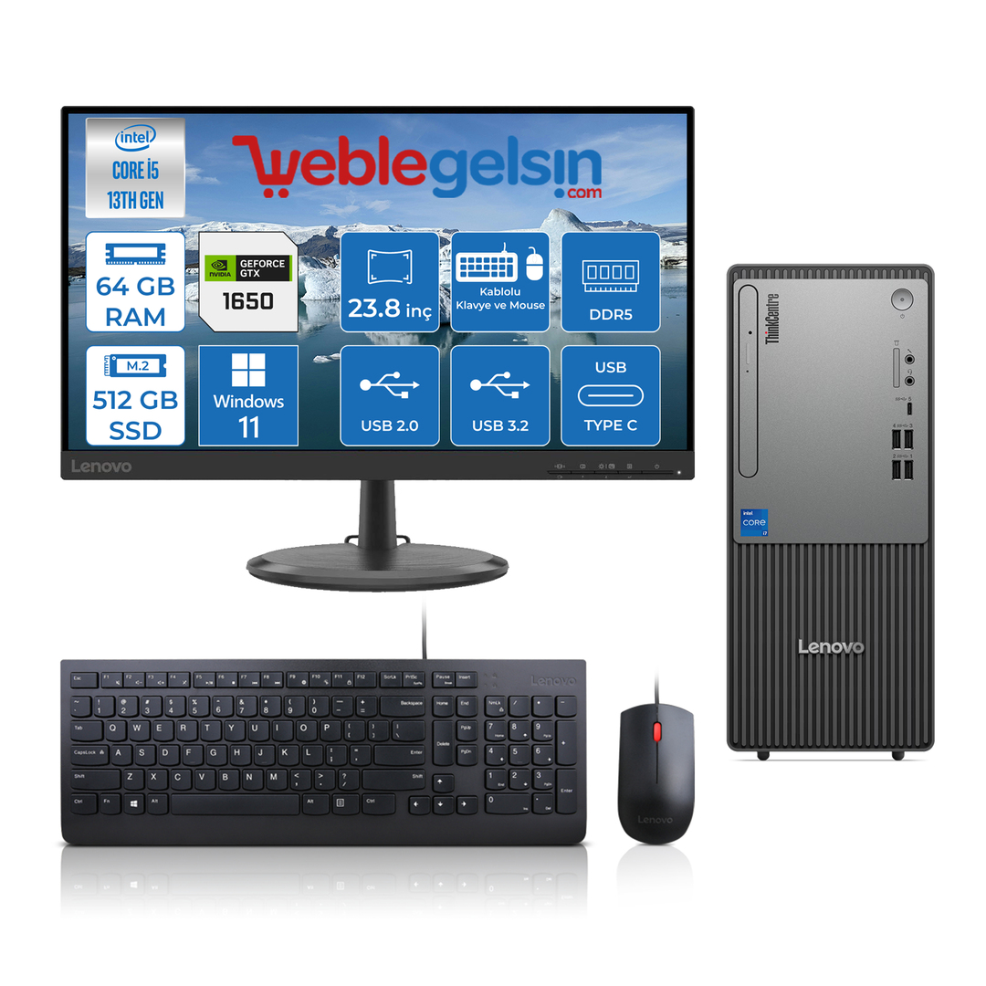 Lenovo Thinkcentre Neo 50T Gen 5 Intel Core I5 13400 64GB DDR5 512GB SSD 4GB/GTX1650 23.8mon Windows 11 Home Masaüstü Blgisayar NEO12UB000ETRTXYH22