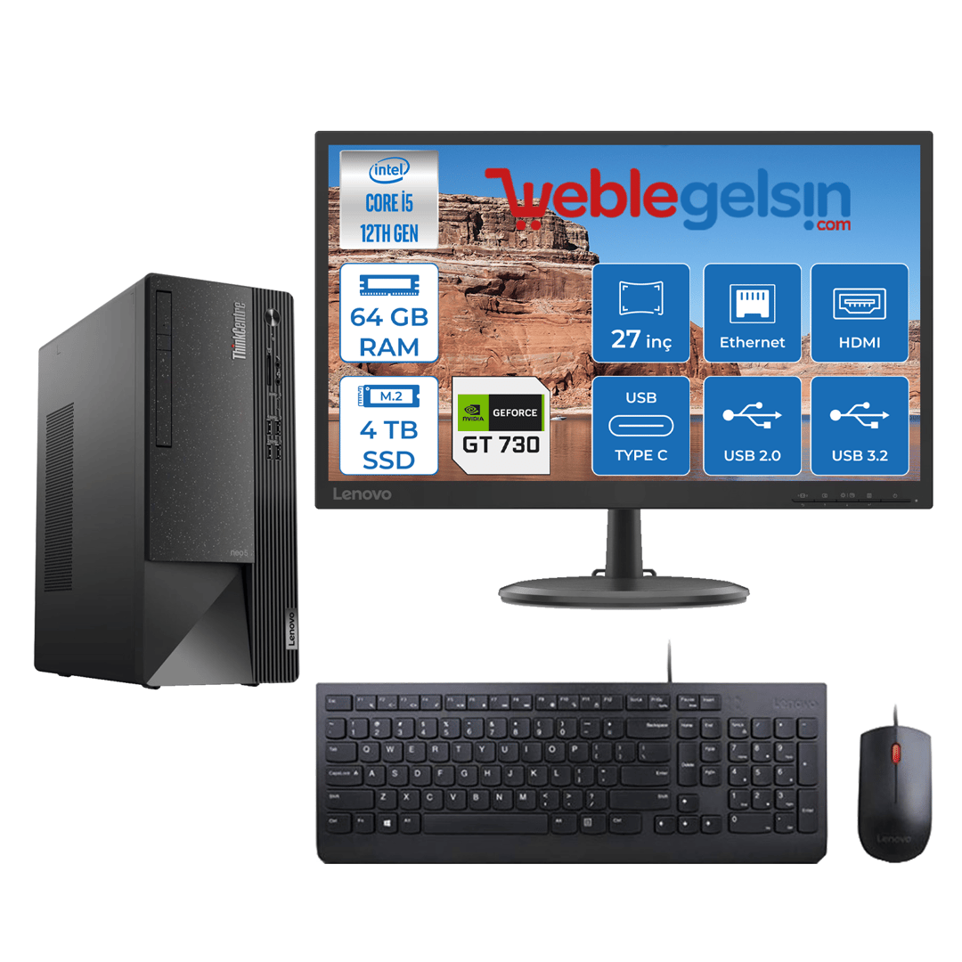 Lenovo ThinkCentre neo 50T Gen4 İntel İ5 12400 64GB 4TB SSD 4GB/GT730 FreeDos FHD 27 inç Monitör Masaüstü Bilgisayar 12JB005DTRMMG720
