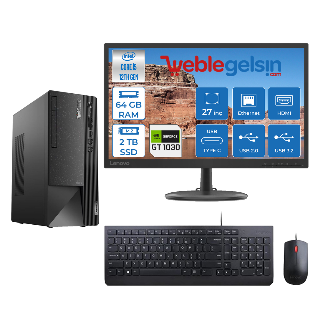 Lenovo ThinkCentre neo 50T Gen4 İntel İ5 12400 64GB 2TB SSD 4GB/GT1030 FreeDos FHD 27 inç Monitör Masaüstü Bilgisayar 12JB005DTRMMG119