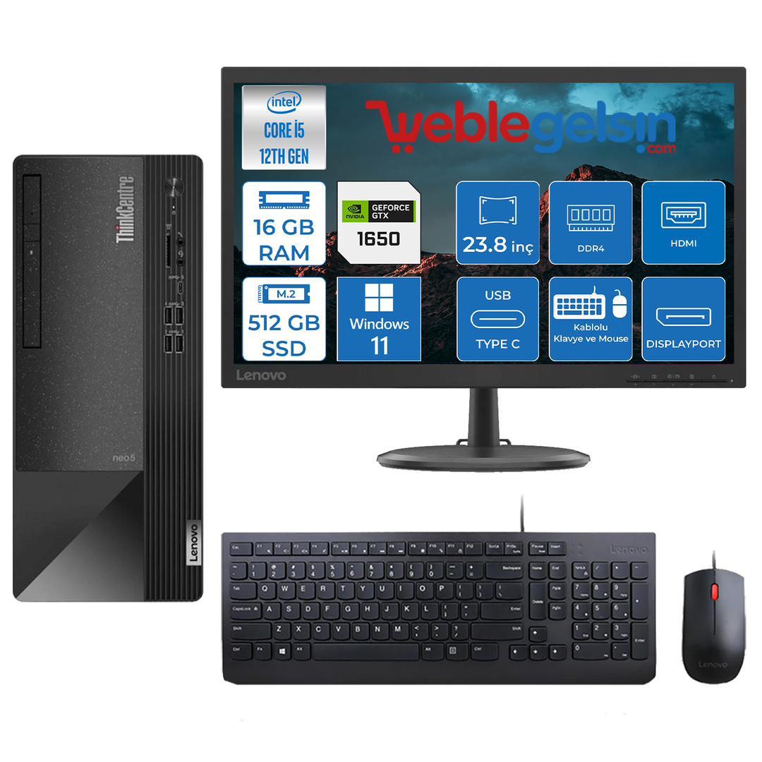 Lenovo Thinkcentre Neo 50T Intel Core i5 12400 16GB 512GB SSD 4GB GTX1650 Windows 11 Pro 23.8 inç Masaüstü Bilgisayar 11SE00MJTXGGMP01