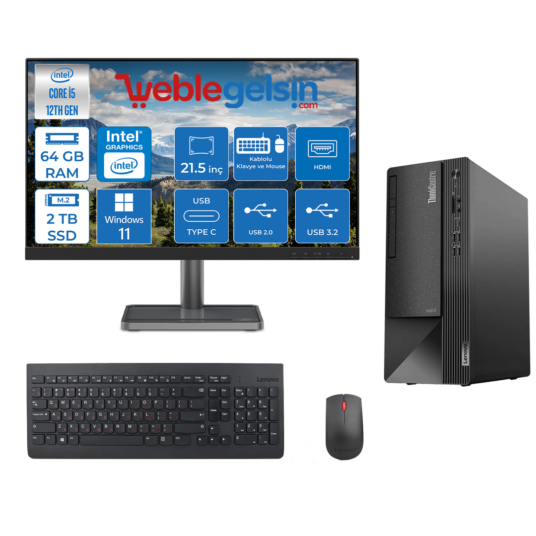 Lenovo Thınkcentre Neo 50T Intel Core i5 12400 64GB 2TB SSD 21.5 inç Monitör Windows 11 Pro Masaüstü Bilgisayar 111SE00BJTXN34